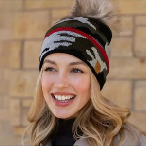 PANACHE Vegan Fur Puff Knit Winter Hat in Green Camo